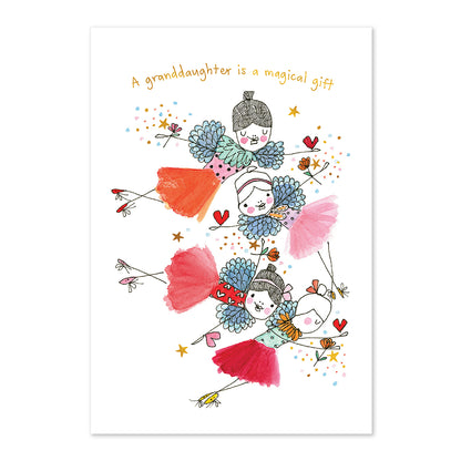 Illustration of three cartoon girls in tutus with colorful bows and text on a white background
