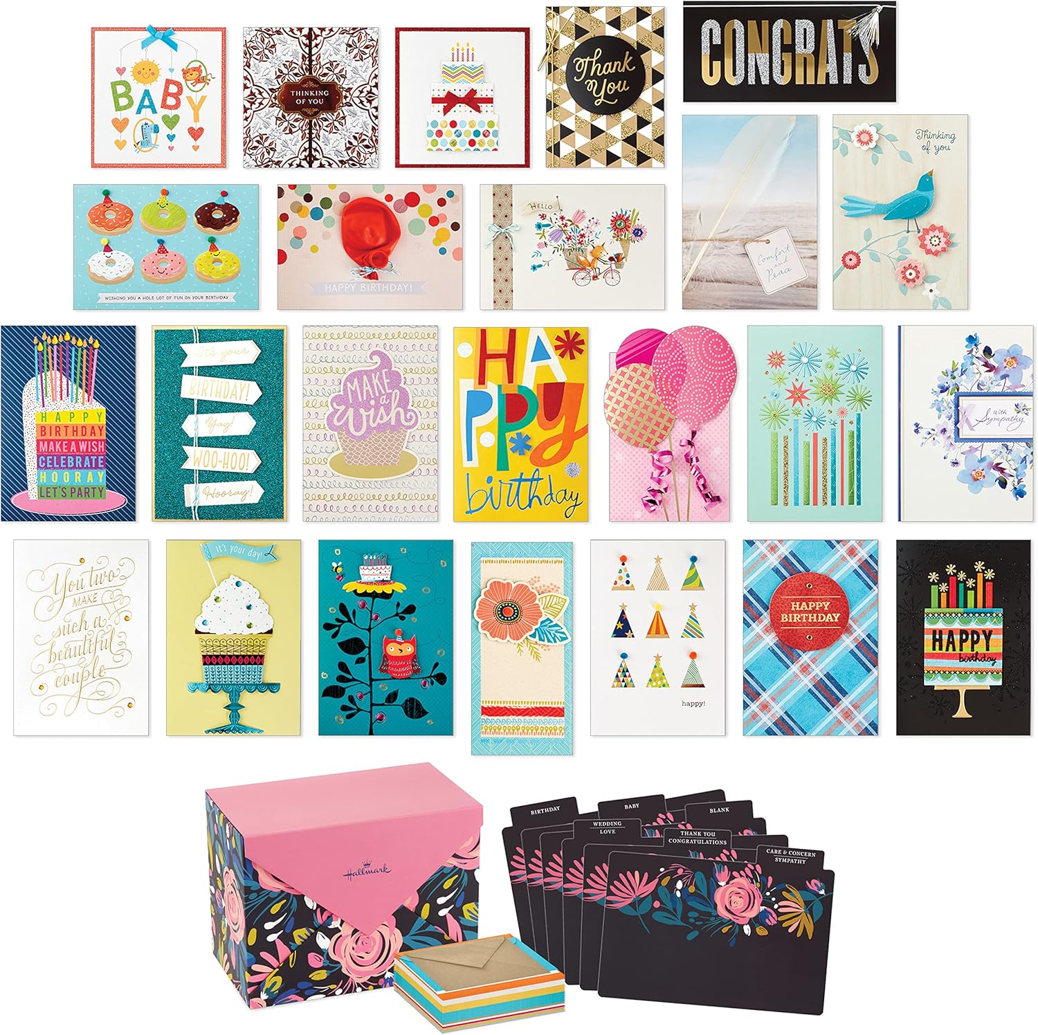 Hallmark Pack of 24 Handmade Assorted Boxed Greeting Cards, modern floral design, vibrant colours, displayed in a flat lay arrangement.