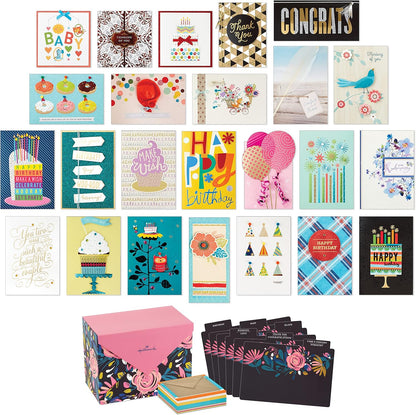 Hallmark Pack of 24 Handmade Assorted Boxed Greeting Cards, modern floral design, vibrant colours, displayed in a flat lay arrangement.