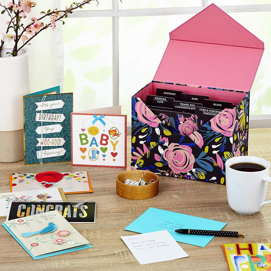Hallmark Pack of 24 Handmade Assorted Boxed Greeting Cards, Modern Floral Birthday, Baby Shower, Wedding, Sympathy, Thinking of You, Thank You Cards in a decorative box on a table with coffee and stationery items.