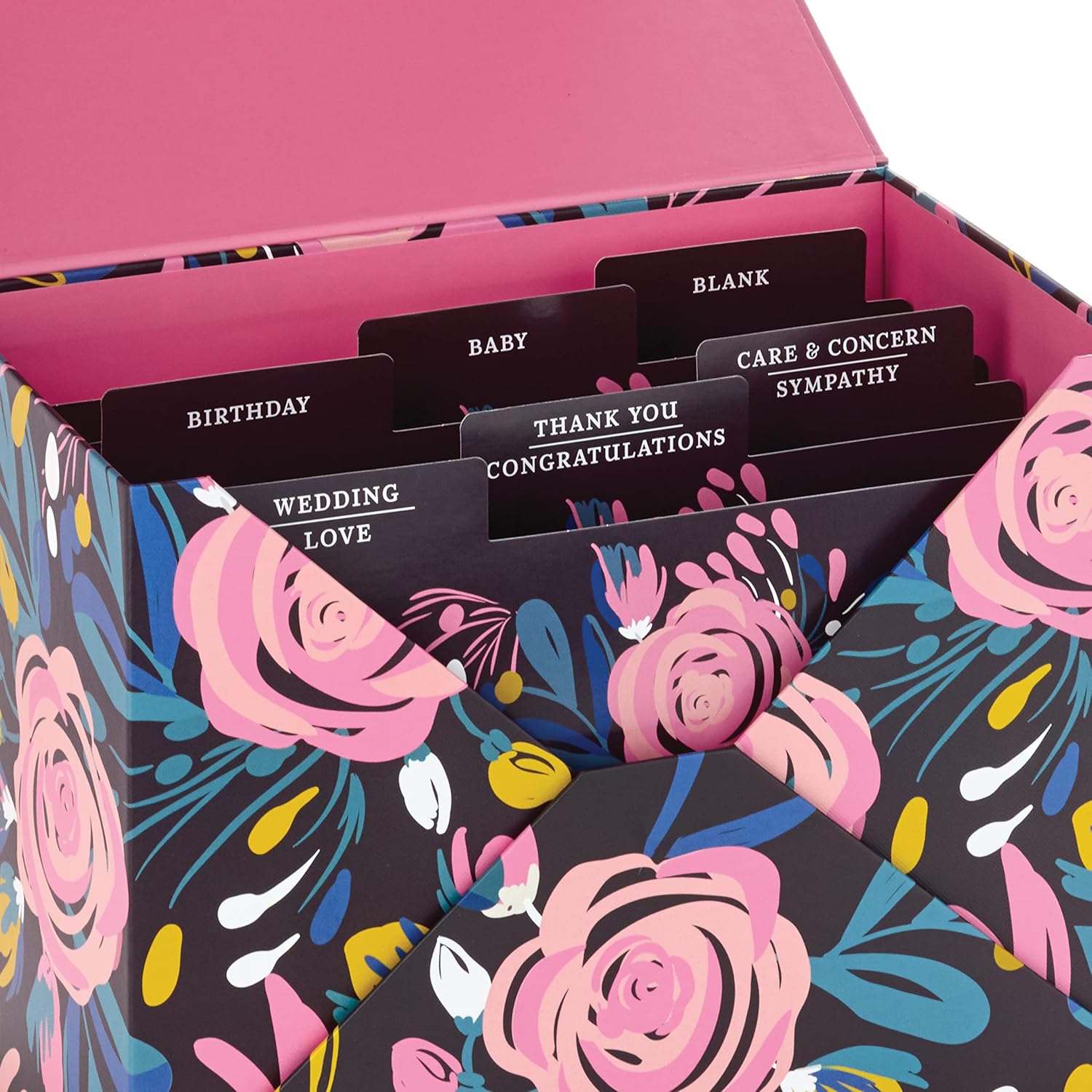 Hallmark Pack of 24 Handmade Assorted Boxed Greeting Cards, Modern floral design with category tabs, vibrant pink interior, flat lay packaging.