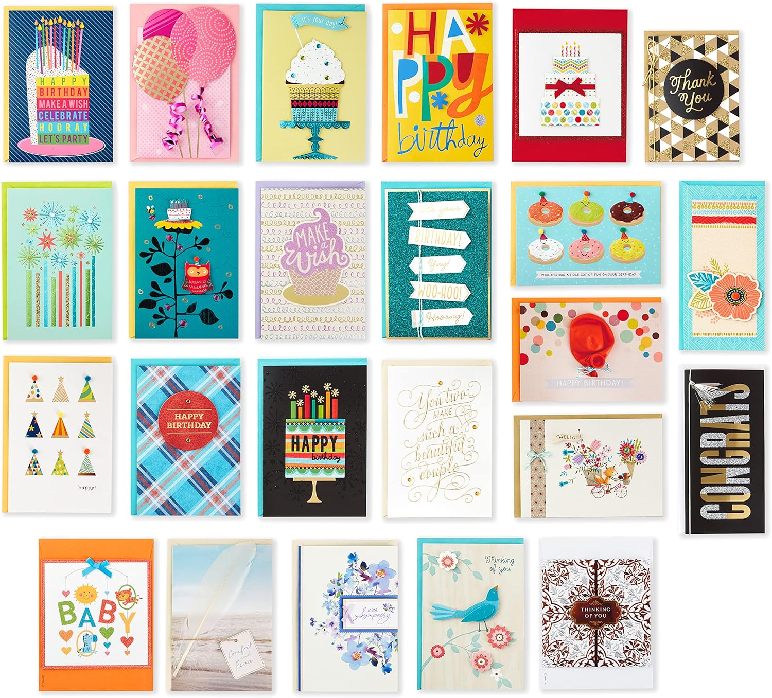 Hallmark Pack of 24 Handmade Assorted Boxed Greeting Cards, modern floral birthday and thank you designs in colourful layouts, flat lay arrangement.