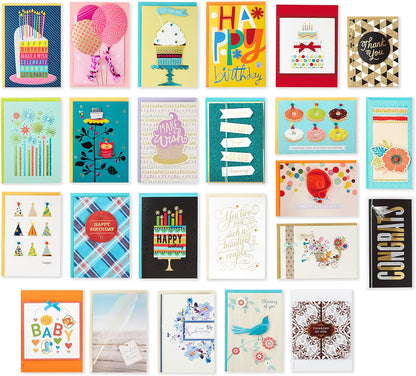 Hallmark Pack of 24 Handmade Assorted Boxed Greeting Cards, modern floral birthday and thank you designs in colourful layouts, flat lay arrangement.