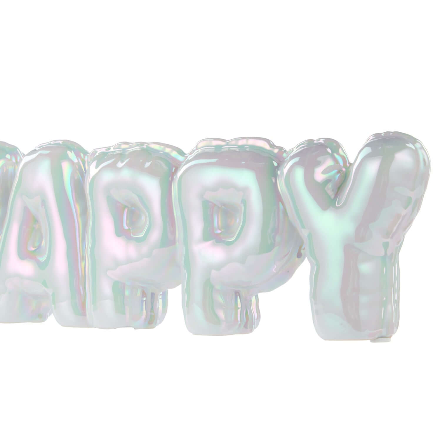Happy Balloon Sculpture 34x5x11cm in metallic glaze with iridescent finish, showcasing the word 'HAPPY' in detail.