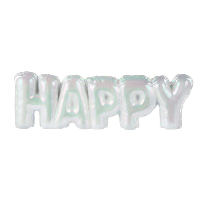 Happy Balloon Sculpture 34x5x11cm in glossy white clay with shiny metallic glaze, showcasing the word HAPPY.