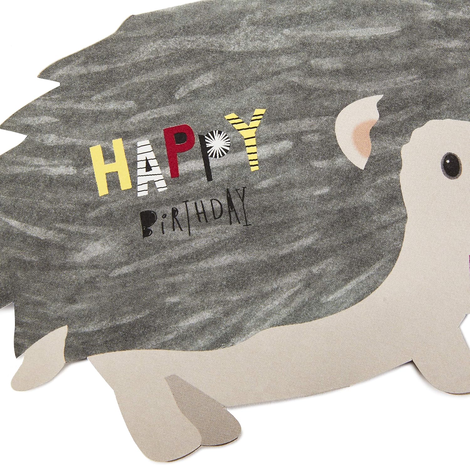 Hallmark Pop Up Birthday Card (3D Honeycomb Hedgehog) featuring a cheerful hedgehog with a dark spiky back and colourful 'Happy Birthday' lettering.