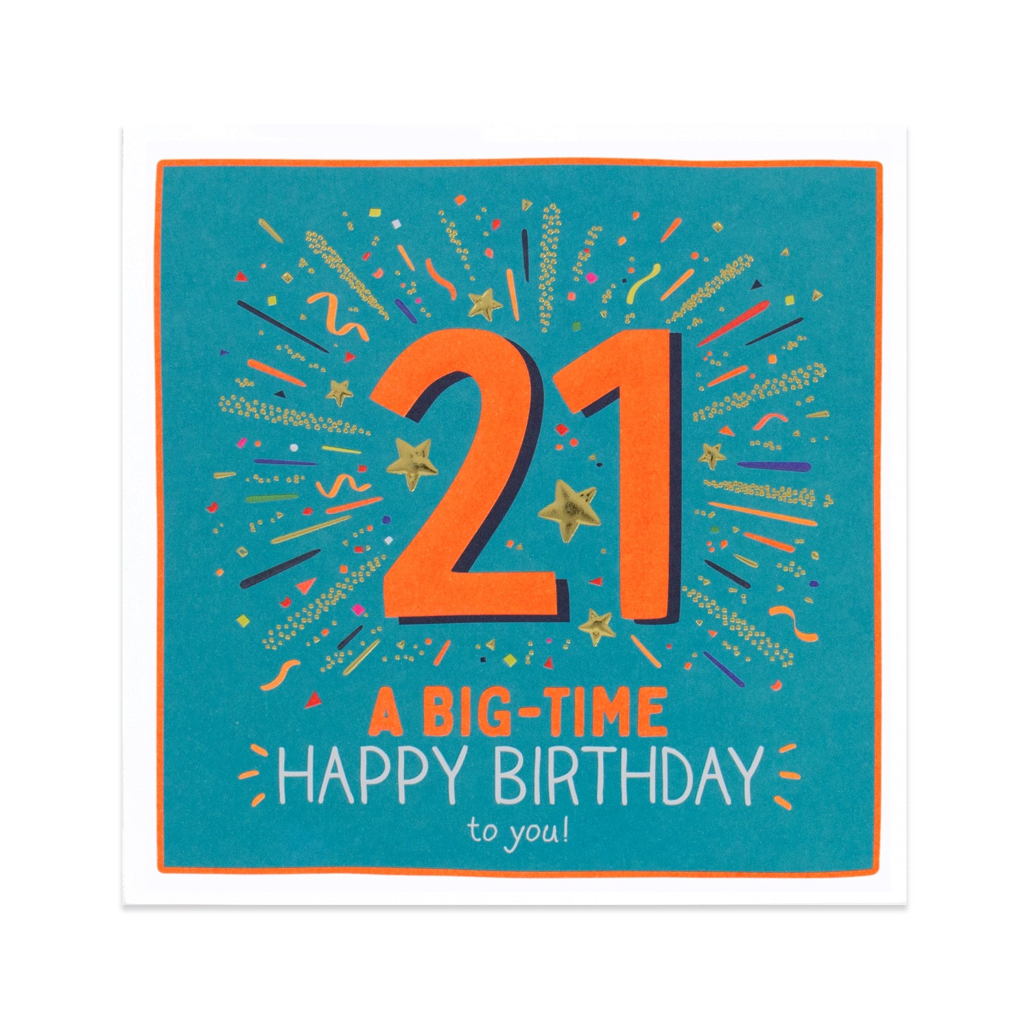 Hallmark Happy Jackson 21st Birthday Card - Big-Time with colourful confetti design and vibrant blue background, featuring '21' in bold text.