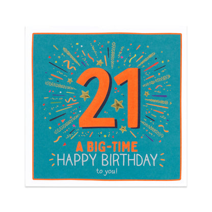 Hallmark Happy Jackson 21st Birthday Card - Big-Time with colourful confetti design and vibrant blue background, featuring '21' in bold text.