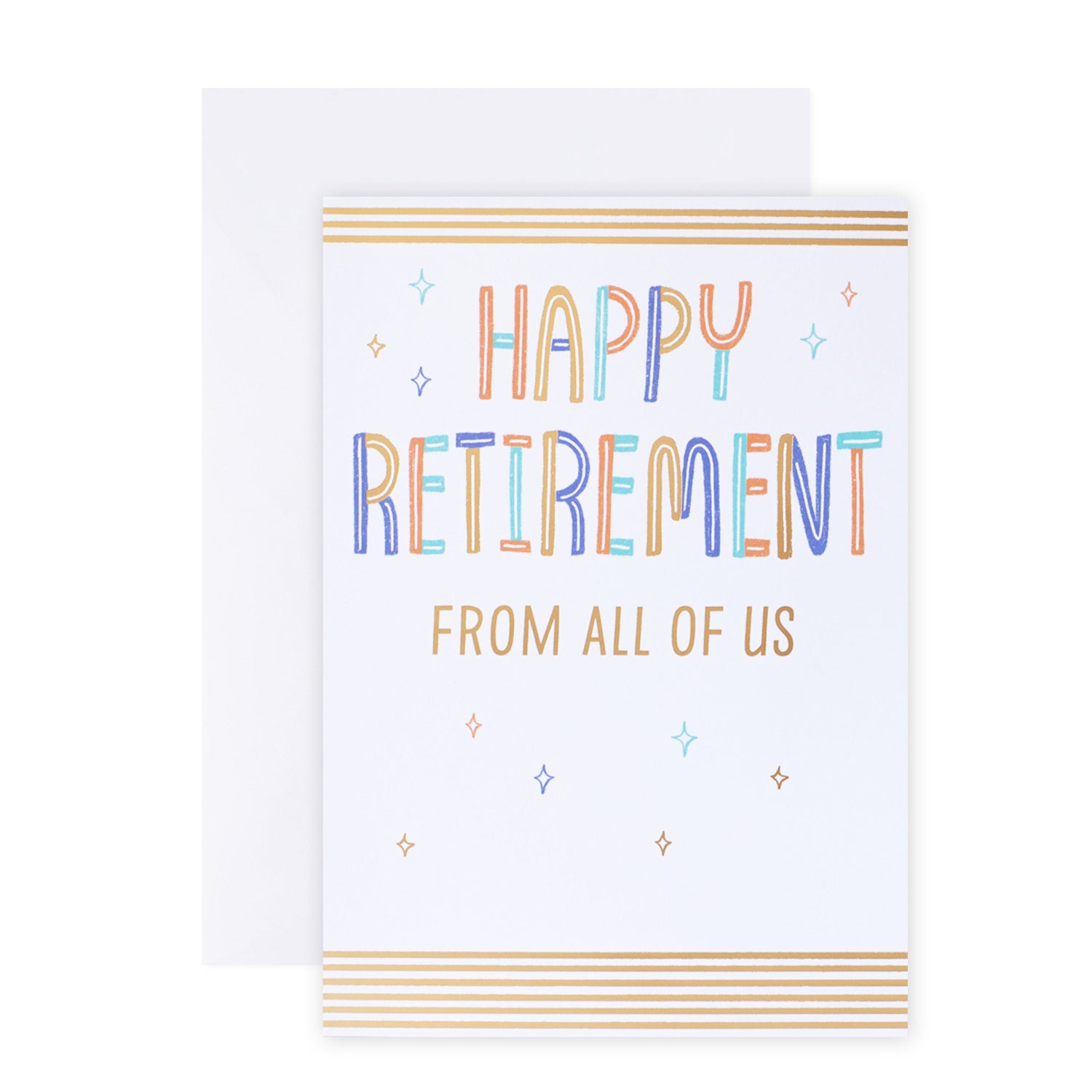 Hallmark Colossal Retirement Greeting Card - From All Of Us featuring colourful text and gold foil accents, displayed with envelope.