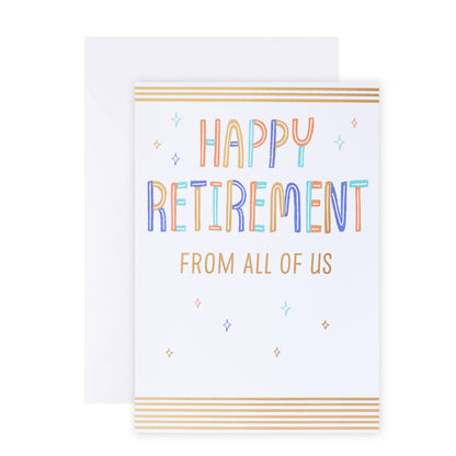 Hallmark Colossal Retirement Greeting Card - From All Of Us featuring colourful text and gold foil accents, displayed with envelope.
