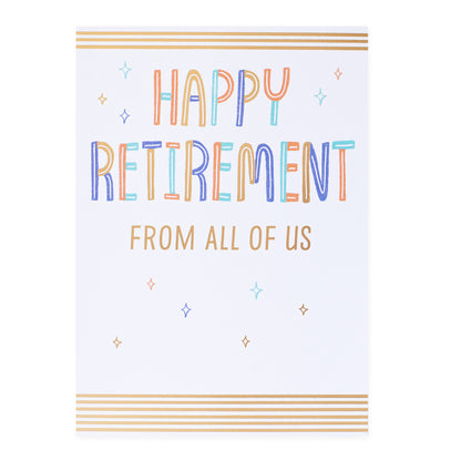 Hallmark Colossal Retirement Greeting Card - From All Of Us featuring colourful lettering and gold foil accents on a white background.