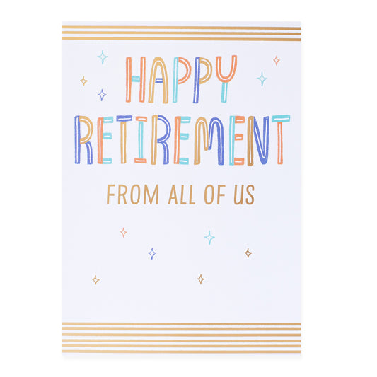 Hallmark Colossal Retirement Greeting Card - From All Of Us featuring colourful lettering and gold foil accents on a white background.