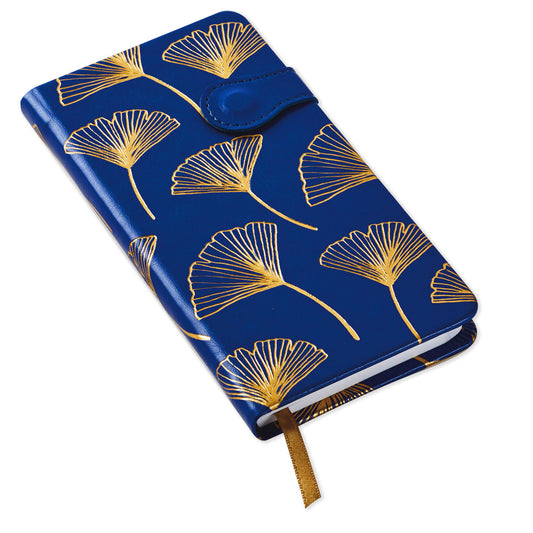 Hardcover Slim Journal - Gingko Leaves in dark blue with gold foil ginkgo leaf pattern, featuring magnetic closure and ribbon bookmark.