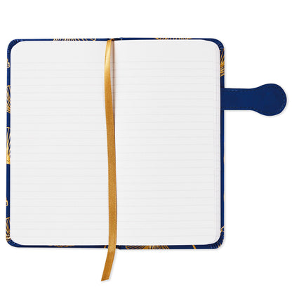 Hardcover slim journal - Gingko Leaves, open view with lined pages and gold ribbon bookmark, features dark blue cover.