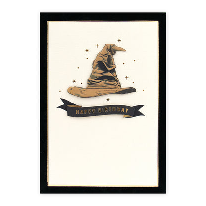 Hallmark Signature Birthday Card - Wizarding World Harry Potter Sorting Hat featuring 3D hat design and gold foil accents on a cream background.