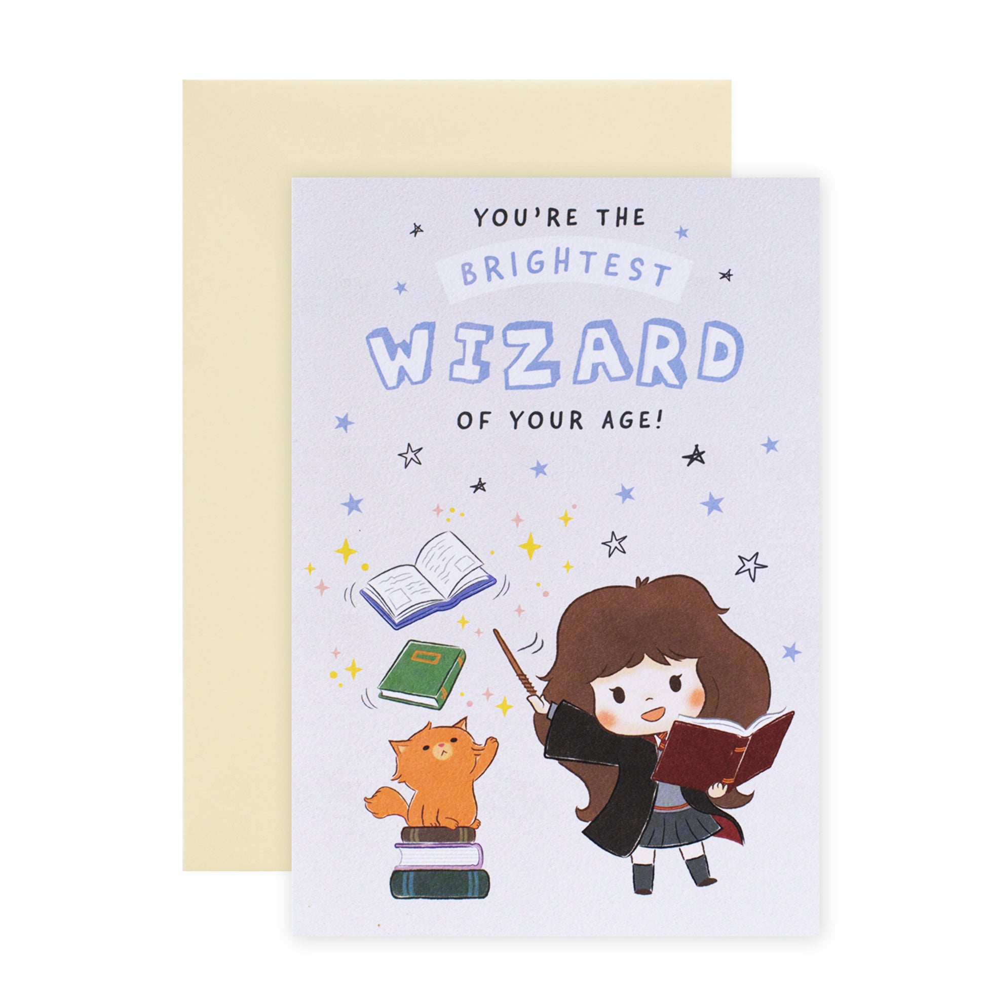 Hallmark Harry Potter™ Brightest Wizard Birthday Card with whimsical design and coloured illustration featuring a girl, book, and cat.