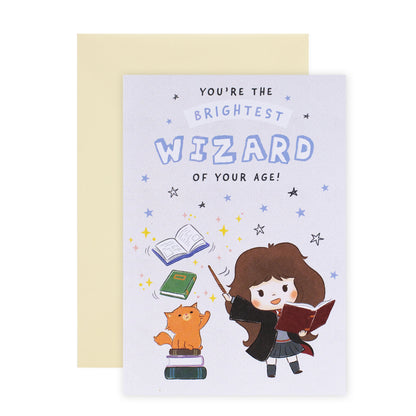 Hallmark Harry Potter™ Brightest Wizard Birthday Card with whimsical design and coloured illustration featuring a girl, book, and cat.