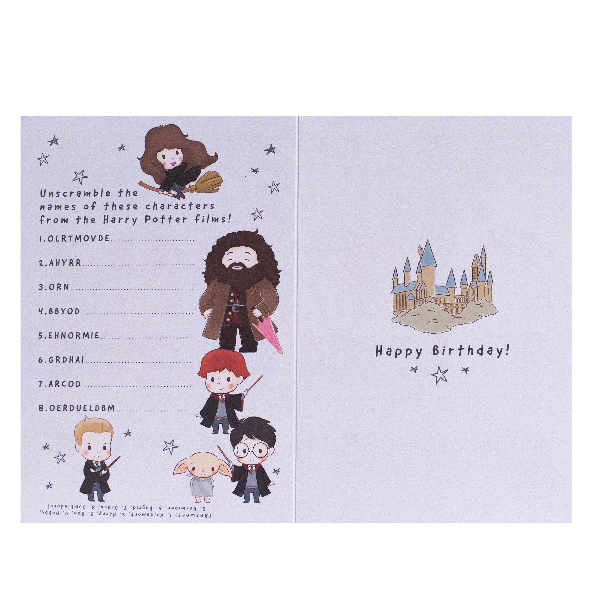 Hallmark Harry Potter™ Brightest Wizard Birthday Card featuring character unscramble activity and Hogwarts illustration on interior.