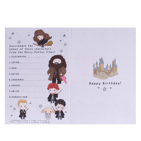 Hallmark Harry Potter™ Brightest Wizard Birthday Card featuring character unscramble activity and Hogwarts illustration on interior.