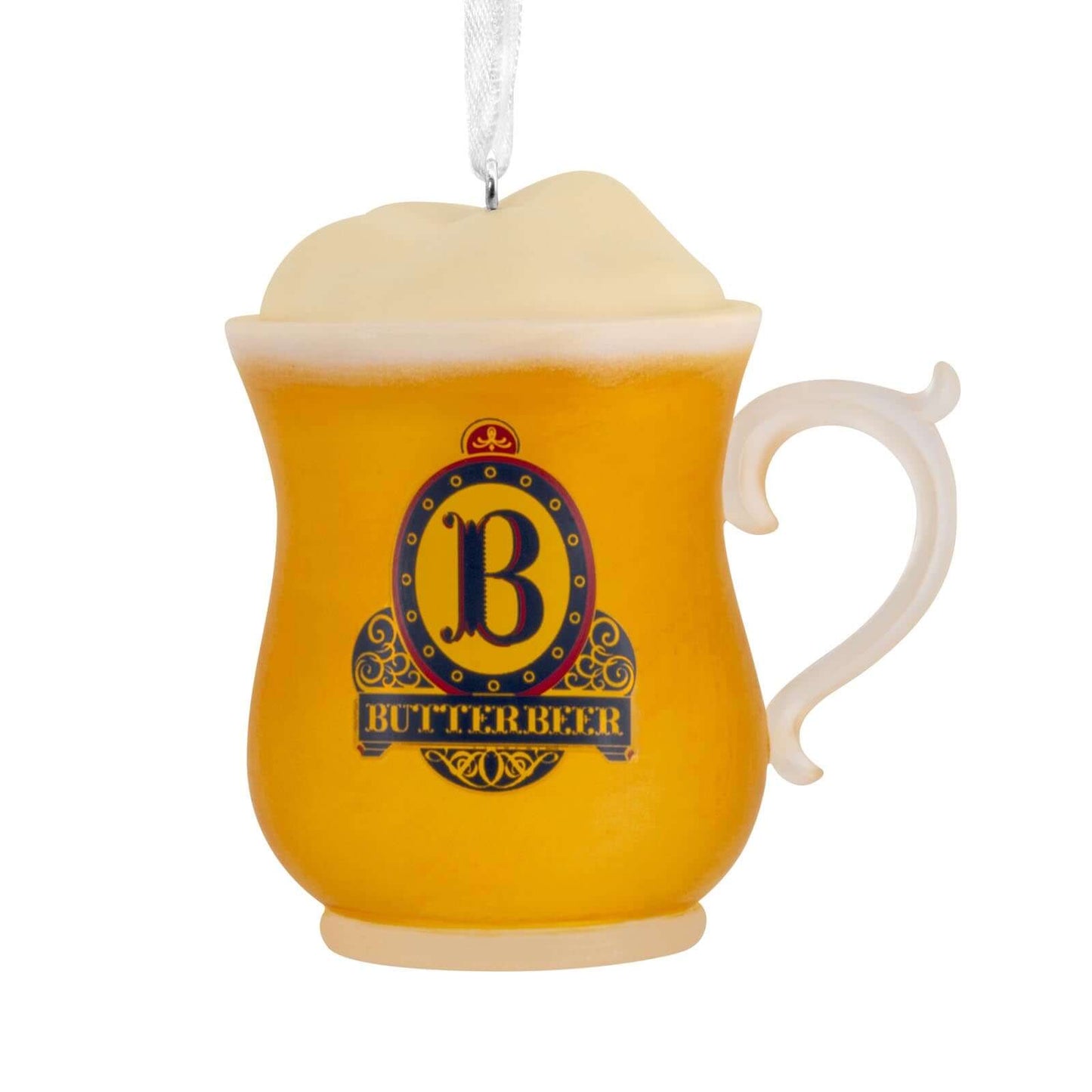 Harry Potter Butterbeer - Hallmark Christmas Ornament, yellow mug, whimsical design with frothy topping, close up view