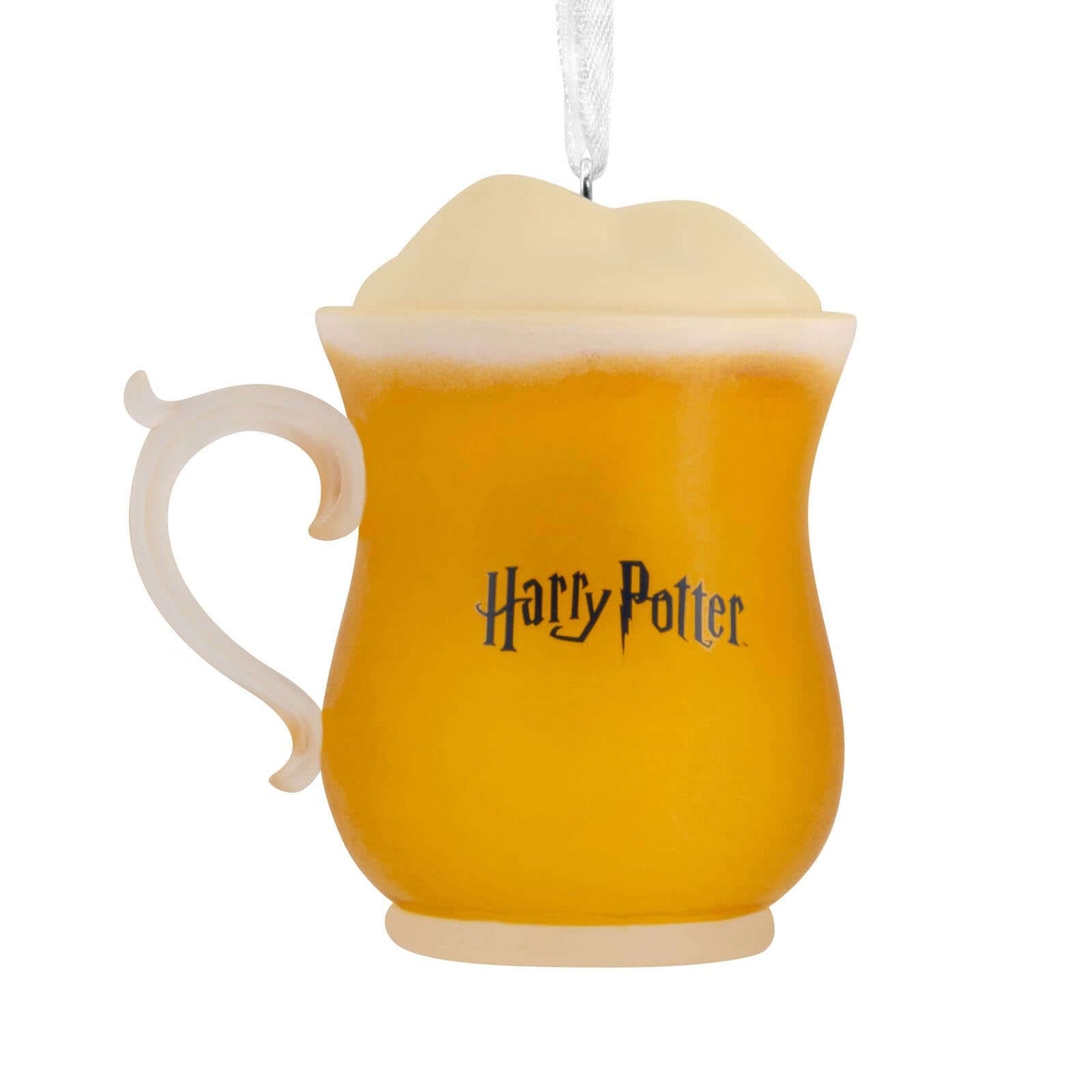 Harry Potter Butterbeer - Hallmark Christmas Ornament, ceramic mug design with frothy top and logo, close-up view.