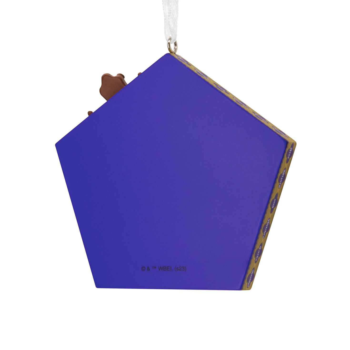 Hallmark Christmas Ornament - Harry Potter Chocolate Frog in a purple pentagon box with a chocolate frog on top, back view.