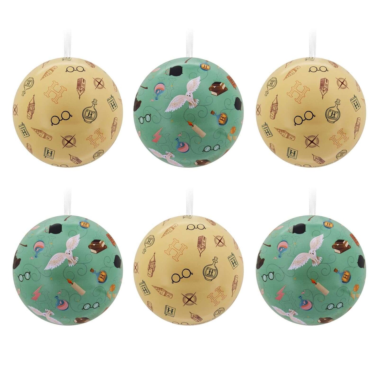 Harry Potter, tin ball, set of 12 - Hallmark Christmas ornament featuring whimsical Wizarding World designs in vivid colours.