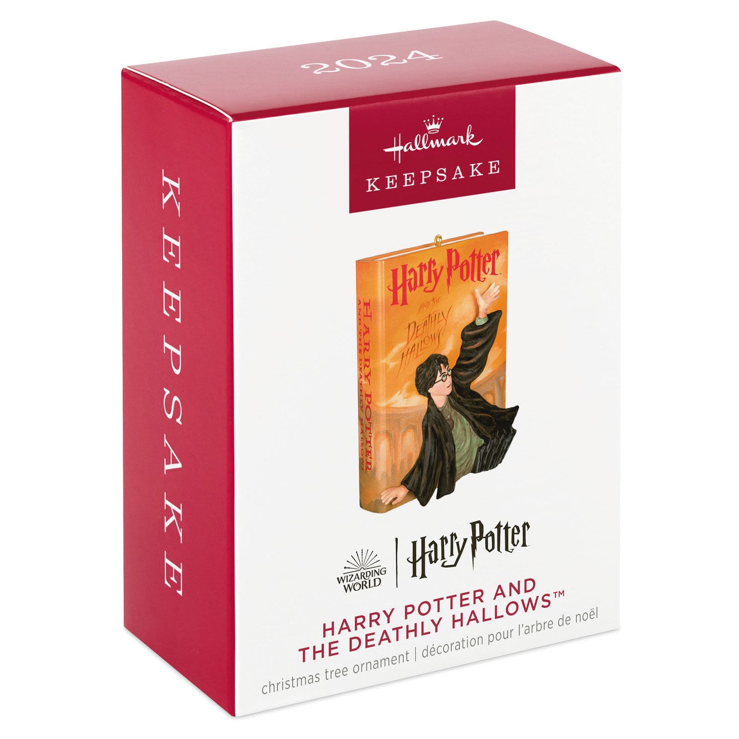 Harry Potter and the Deathly Hallows™ — Hallmark Keepsake Christmas Ornament boxed view showing book cover design and vibrant colours.