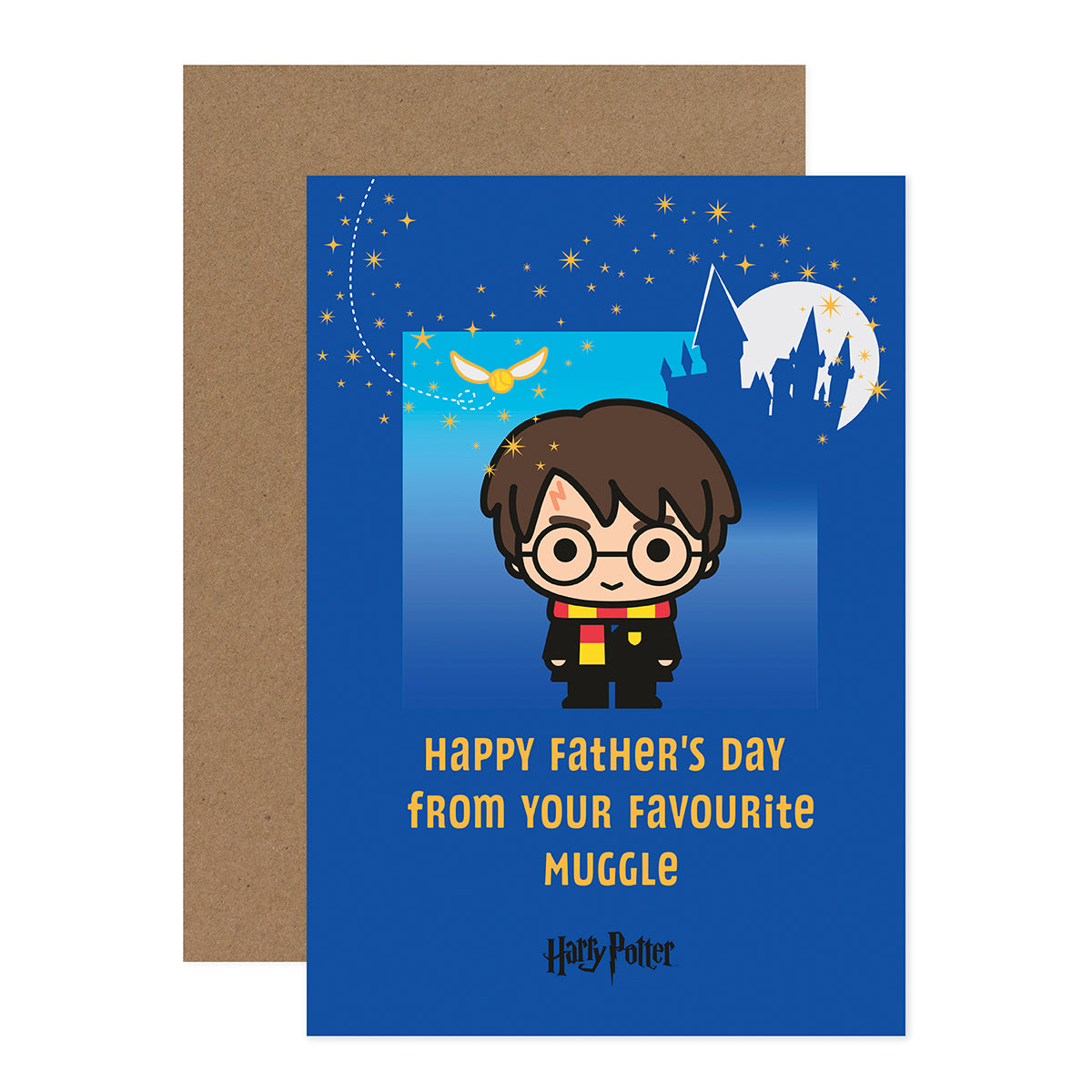 Hallmark Harry Potter Father's Day card - Happy Father's Day from your favourite muggle, featuring a cartoon Harry Potter design with a starry background.
