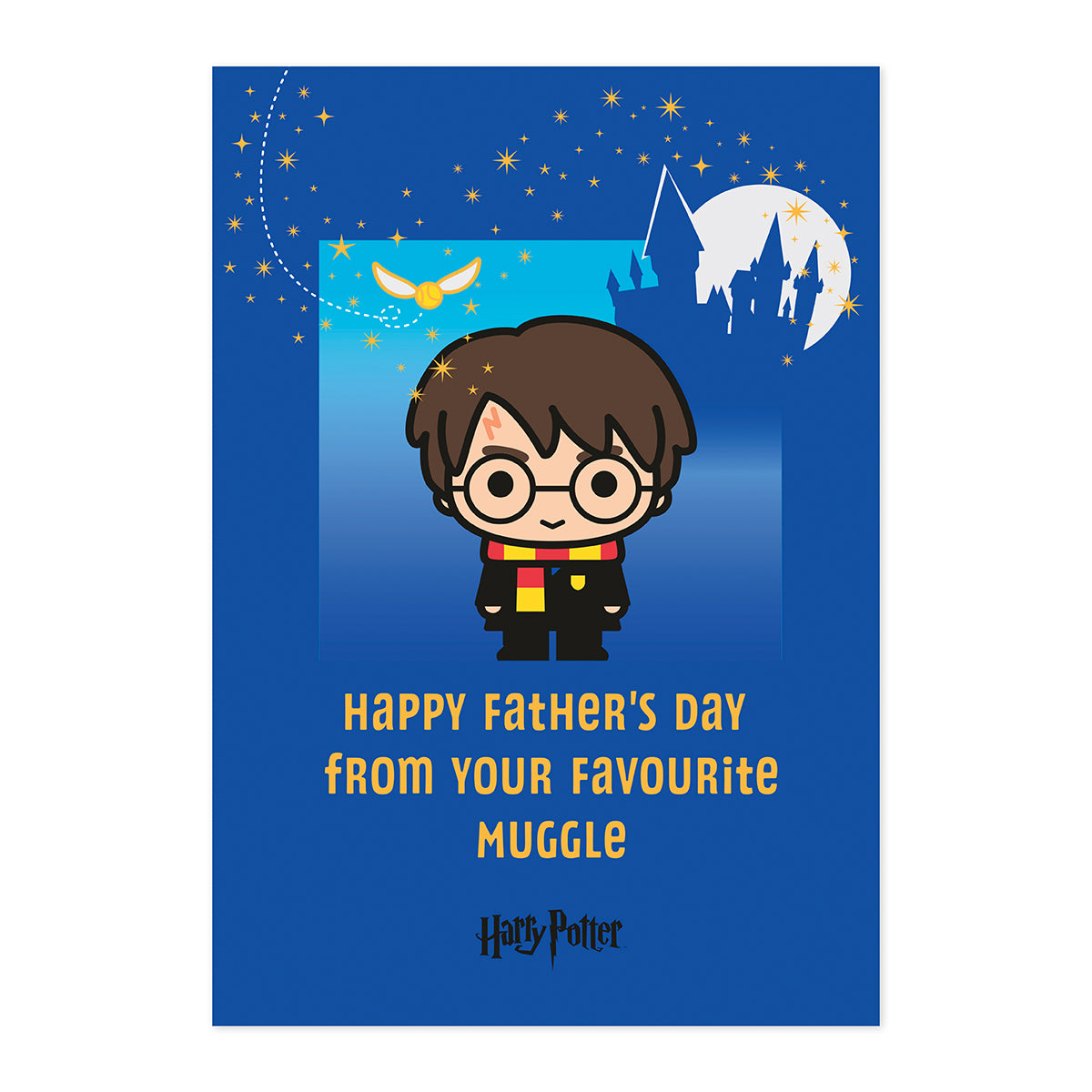 Hallmark Harry Potter Father's Day card - Happy Father's Day from your favourite muggle, featuring cute Harry Potter illustration on a blue background.