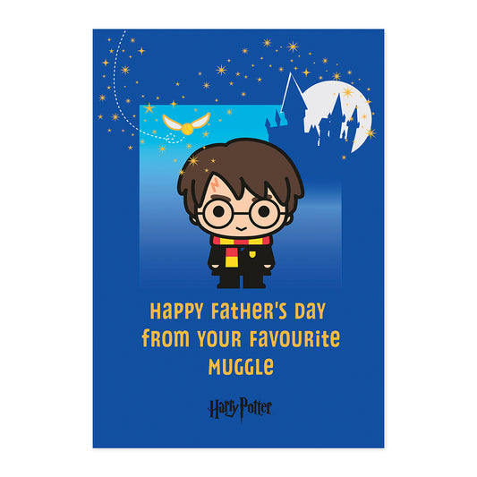 Hallmark Harry Potter Father's Day card - Happy Father's Day from your favourite muggle, featuring cute Harry Potter illustration on a blue background.