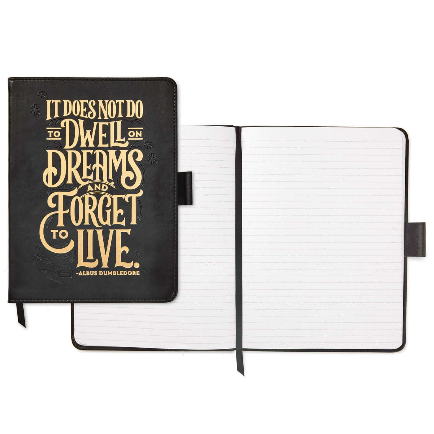 Harry Potter™ Faux Leather Journal, 6.18x8.25 in black with embossed Dumbledore quote and pages open