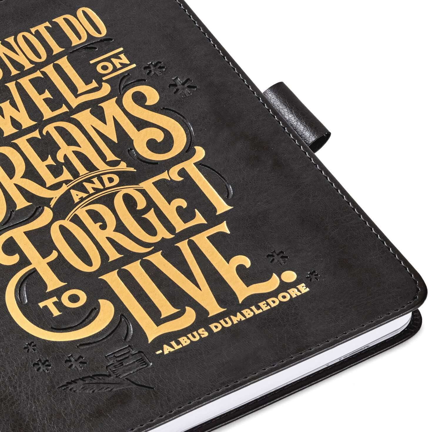Harry Potter™ Faux Leather Journal, 6.18x8.25 with embossed Dumbledore quote in gold on deep black cover, detail view