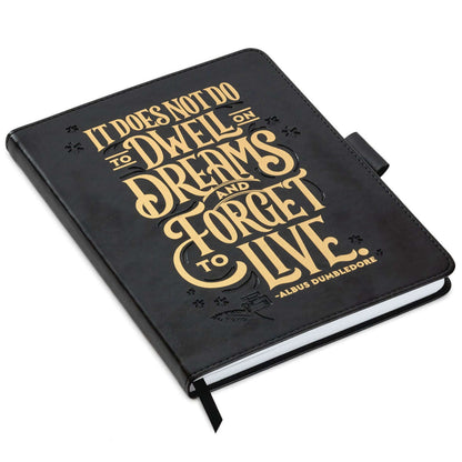 Harry Potter™ Faux Leather Journal, 6.18x8.25 in black with gold foil Dumbledore quote, angled view.