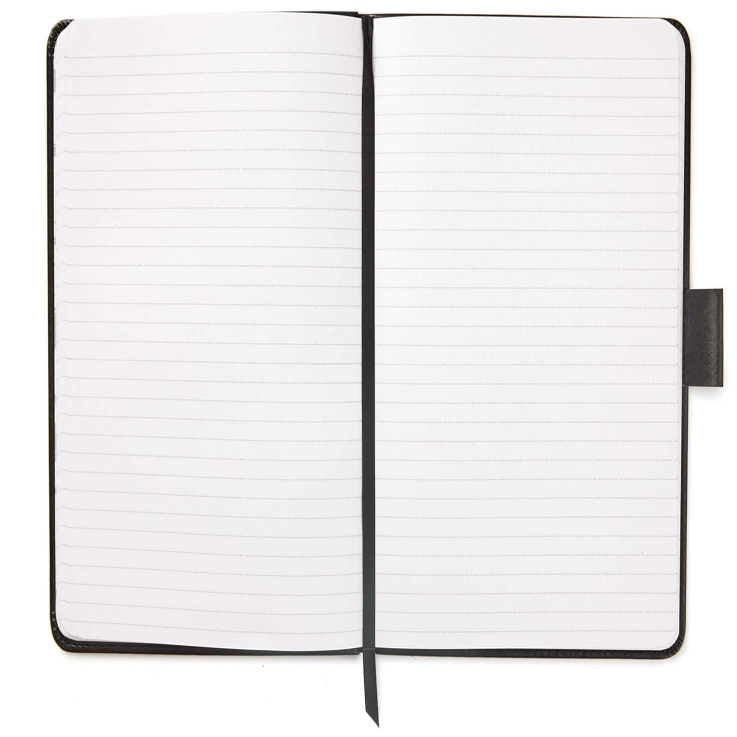 Harry Potter™ Faux Leather Journal, 6.18x8.25 open view with lined pages and black ribbon bookmark.