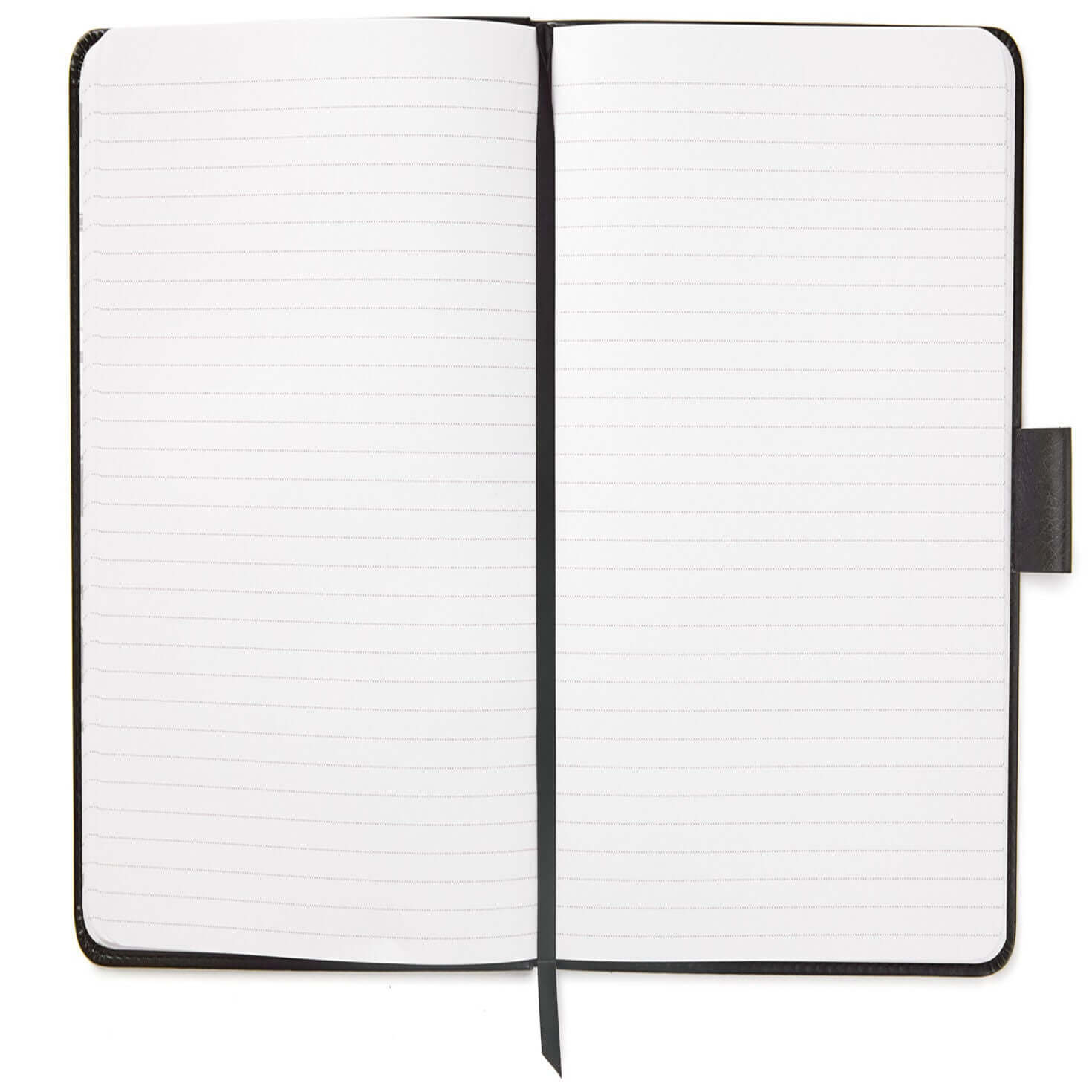 Harry Potter™ Faux Leather Journal, 6.18x8.25 open view with lined pages and black ribbon bookmark.