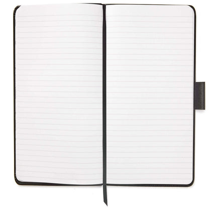 Harry Potter™ Faux Leather Journal, 6.18x8.25 open view with lined pages and black ribbon bookmark.