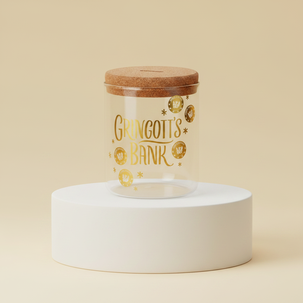 Harry Potter™ Gringotts Bank glass jar with cork lid, featuring gold foil design, displayed on a pedestal.