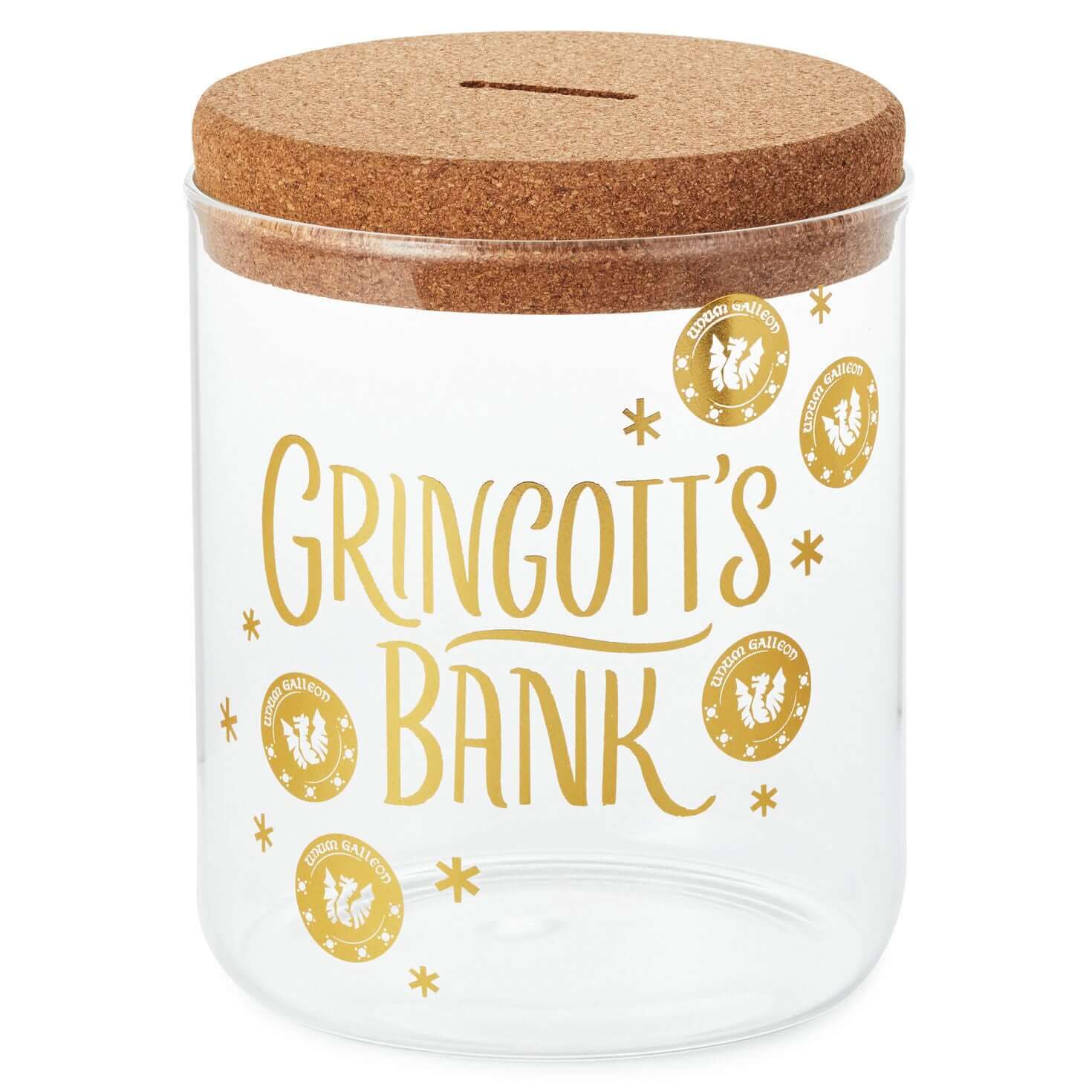 Harry Potter™ Gringotts Bank glass jar with cork lid featuring gold foil lettering and Galleons design, viewed from the front.