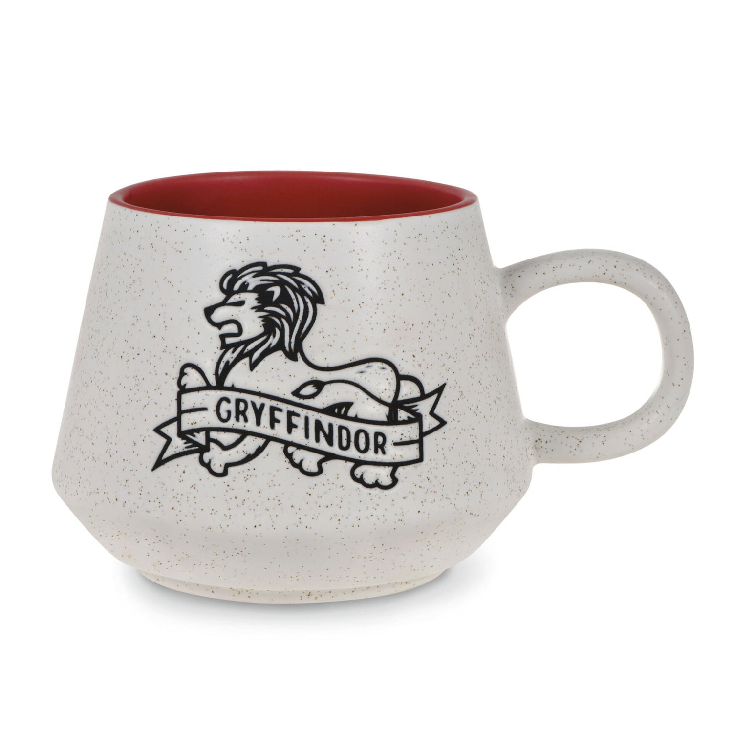 Harry Potter™ Retro Gryffindor™ Mug, 770ml in speckled ceramic with red interior and Gryffindor lion design, angled view.