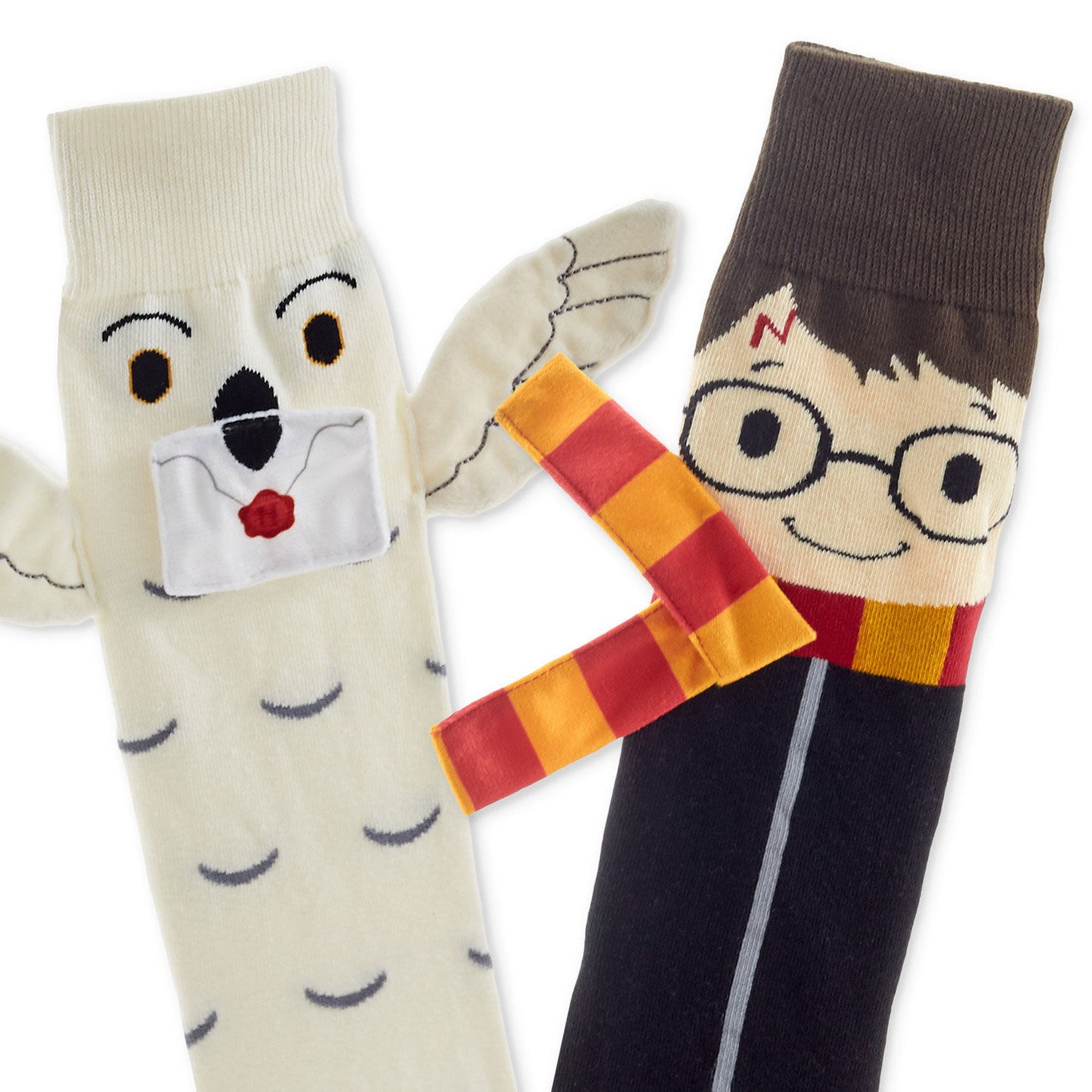 Harry Potter™ and Hedwig™ novelty crew socks with a whimsical design, featuring Hedwig's wings and Harry's glasses.