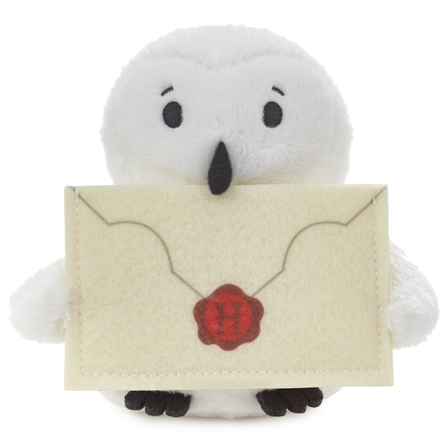 Harry Potter™ Hedwig™ Plush Gift Card Holder, 5" with envelope in beak, soft white owl design, front view.