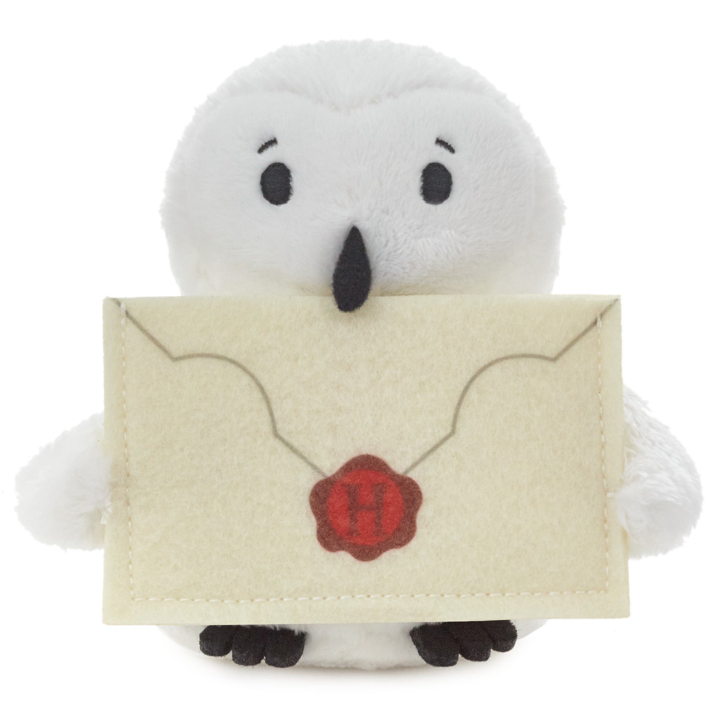 Harry Potter™ Hedwig™ Plush Gift Card Holder, 5" with envelope in beak, soft white owl design, front view.