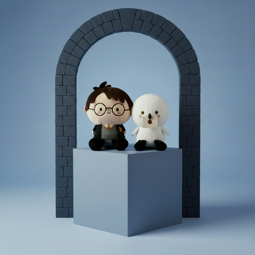 Better Together Harry Potter™ and Hedwig™ Magnetic Plush Pair, 5.5" on display with stone archway backdrop, showcasing intricate details.
