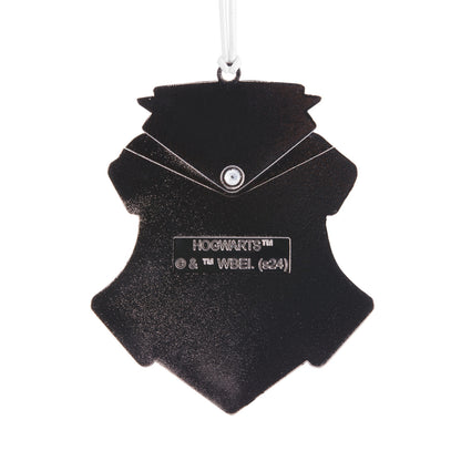 Harry Potter™ Hogwarts™ Crest Moving Metal Hallmark Ornament, black metal design, close-up view of the back with logo details.