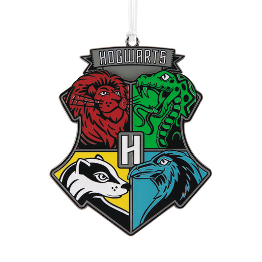 Harry Potter™ Hogwarts™ Crest Moving Metal Hallmark Ornament featuring house symbols in vibrant colour details, close up view.