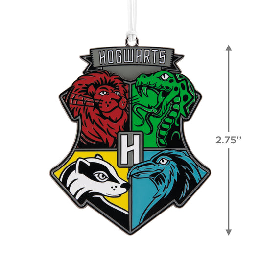 Harry Potter™ Hogwarts™ Crest Moving Metal Hallmark Ornament featuring house symbols in vibrant colours, showing detailed design at 2.75 inches.