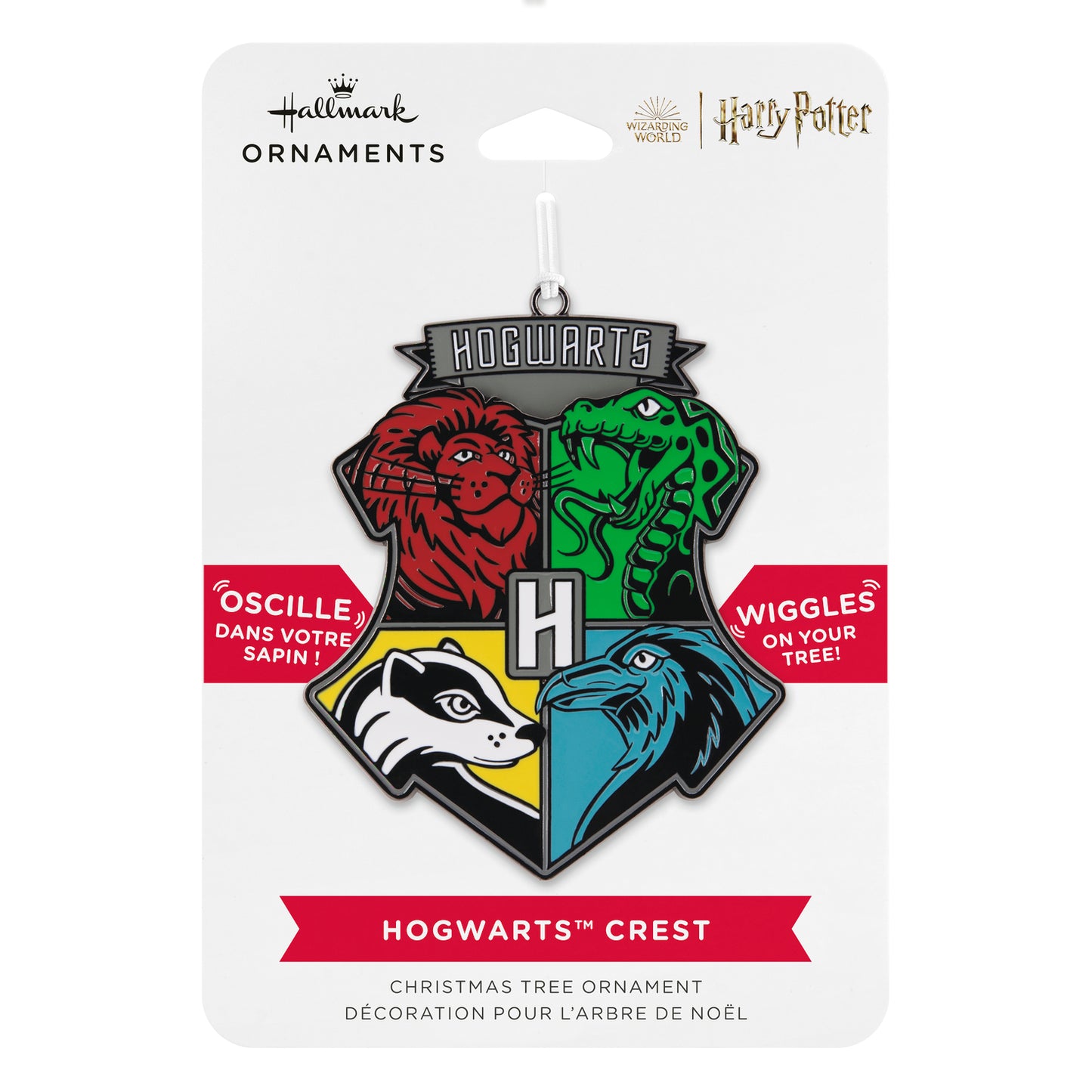 Harry Potter™ Hogwarts™ Crest Moving Metal Hallmark Ornament, colourful metal design with house symbols on packaging.