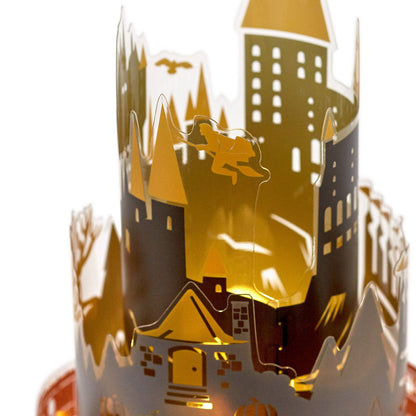 Harry Potter™ Hogwarts Rotating Lamp With Sound, detailed cutouts of Hogwarts, Quidditch, and trees, close up view.