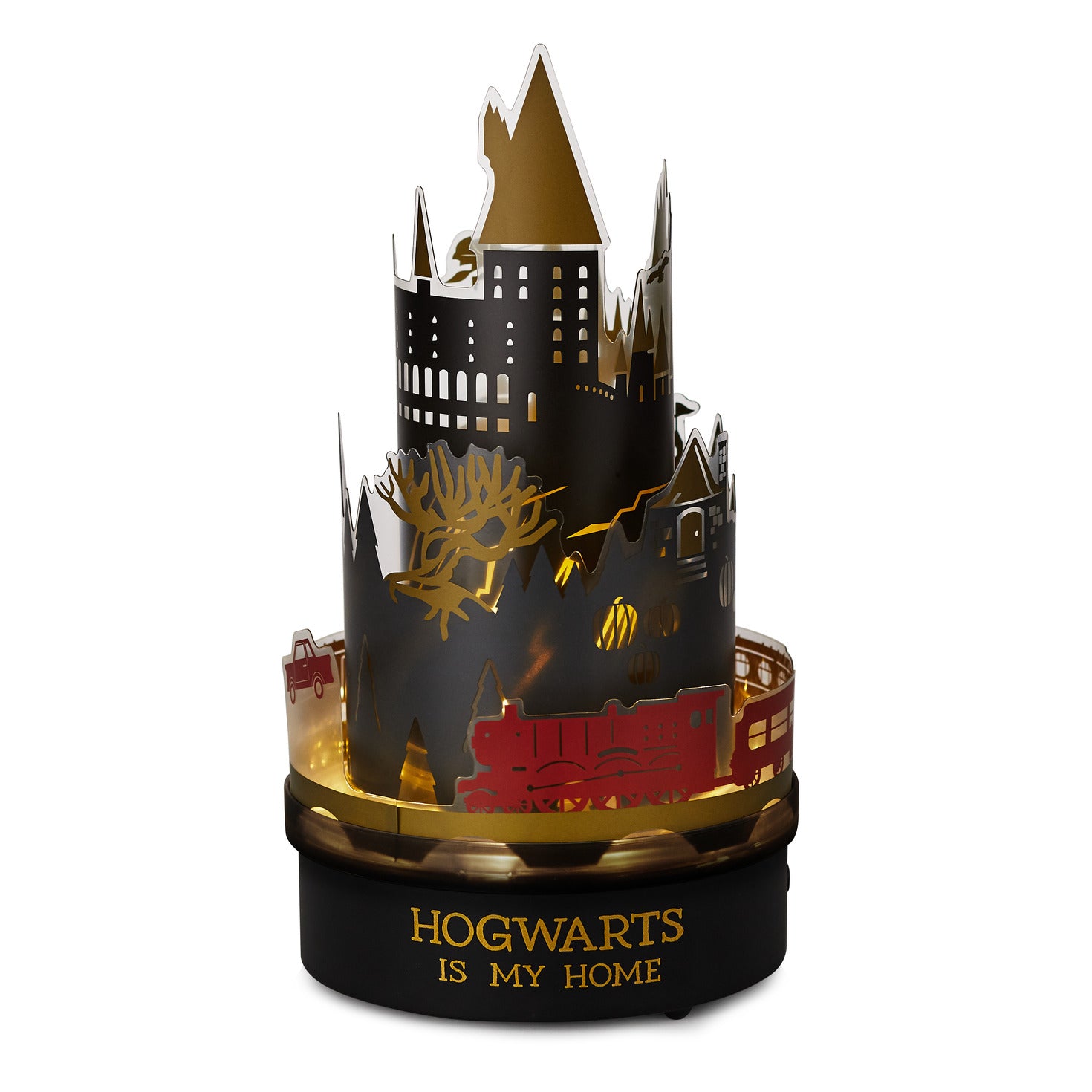Harry Potter™ Hogwarts rotating lamp with sound, three-tiered design, showing detailed Hogwarts castle and train.